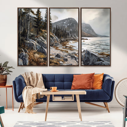 41281-MGV-FC-48X32-3P_Walnut-Rocky Shoreline Wall Art – Panoramic Mountain Coast and Forest Canvas Print, Rustic Nature Landscape Decor for Cabin, Lodge, or