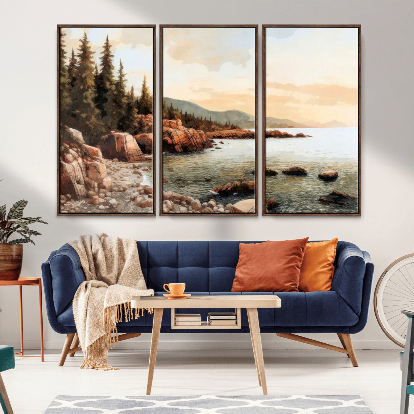 77145-MGV-FC-48X32-3P_Walnut-Coastal Landscape Wall Art – Panoramic Rocky Shoreline and Pine Trees Canvas Print, Rustic Nature Decor for Cabin, Lodge, Office,