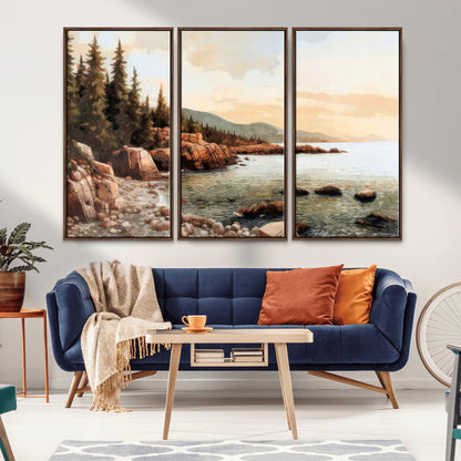 77145-MGV-FC-48X32-3P_Walnut-Coastal Landscape Wall Art – Panoramic Rocky Shoreline and Pine Trees Canvas Print, Rustic Nature Decor for Cabin, Lodge, Office,