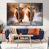 50490-MGV-FC-48X32-3P_Walnut-Highland Cow Wall Art – Rustic Panoramic Canvas Print Two Cattle Snowy Landscape, Farmhouse Country Decor for Living Room Office