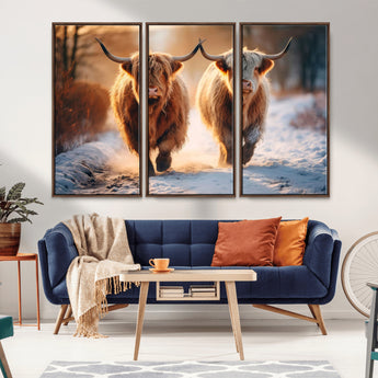 50490-MGV-FC-48X32-3P_Walnut-Highland Cow Wall Art – Rustic Panoramic Canvas Print Two Cattle Snowy Landscape, Farmhouse Country Decor for Living Room Office