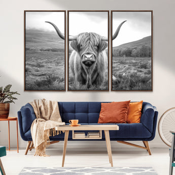 52903-MGV-FC-48X32-3P_Walnut-Highland Cow Wall Art – Black and White Canvas Print Rustic Cattle Portrait, Farmhouse Country Decor for Living Room, Office,