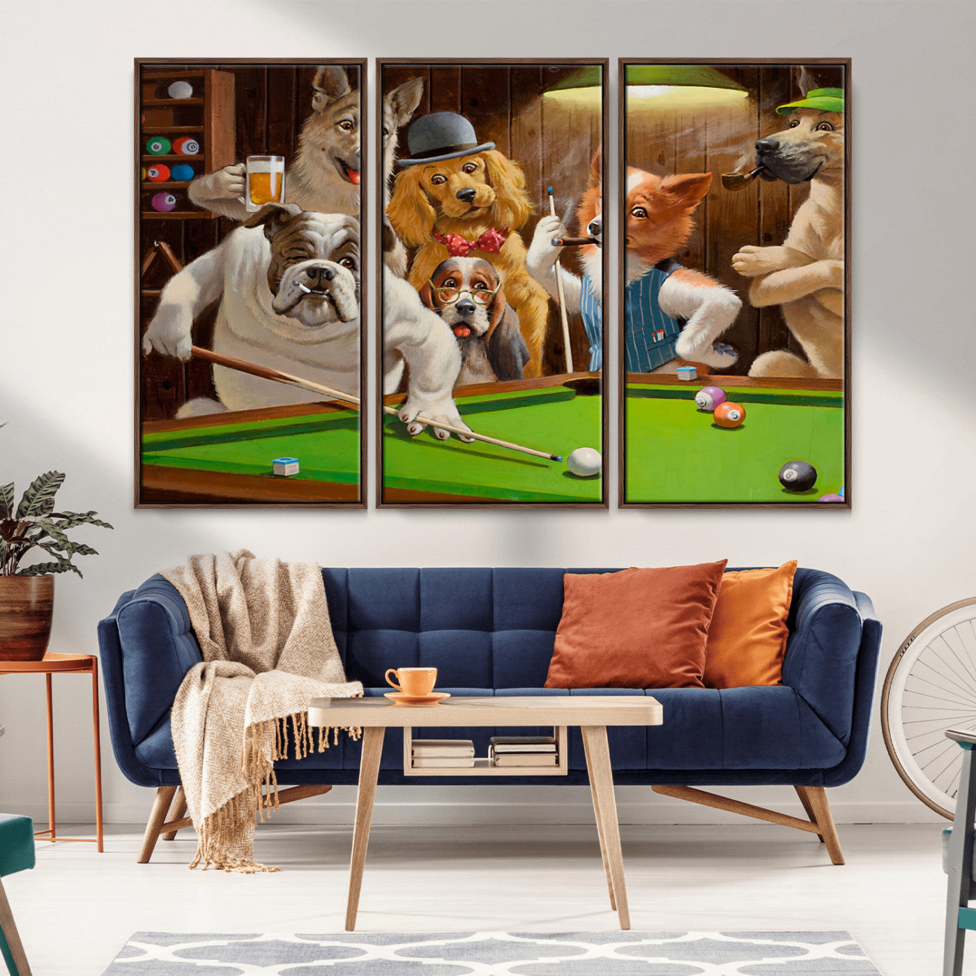 34228-MGV-CV-36X24-Dogs Playing Pool Wall Art Canvas Print, Framed Funny Dog Art Picture Print, Dog Perfect Game Room Decor Artwork