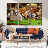 34228-MGV-CV-36X24-Dogs Playing Pool Wall Art Canvas Print, Framed Funny Dog Art Picture Print, Dog Perfect Game Room Decor Artwork