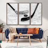82900-MGV-CV-36X24-Hockey Wall Art – Black and White Canvas Print Ice Rink Sticks Puck Sports Photography, Modern Decor for Game Room, Man Cave,