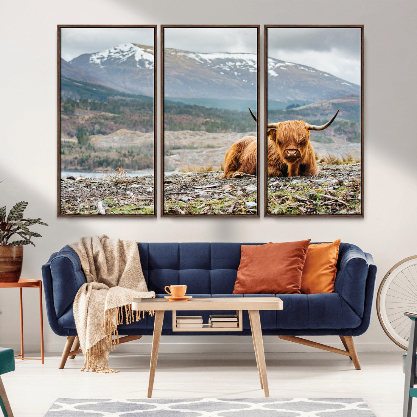 80252-MGV-FC-48X32-3P_Walnut-Scottish Cow Wall Art Canvas Print, Framed Highland Cow Art Picture Print, Highland Cattle Perfect Rustic Farmhouse Decor Artwork