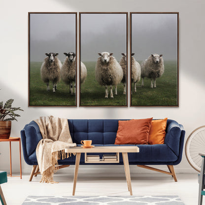 87339-MGV-FC-48X32-3P_Walnut-Sheep Wall Art – Rustic Farmhouse Canvas Print Flock Standing Misty Field Countryside Photography, Country Animal Decor for Living