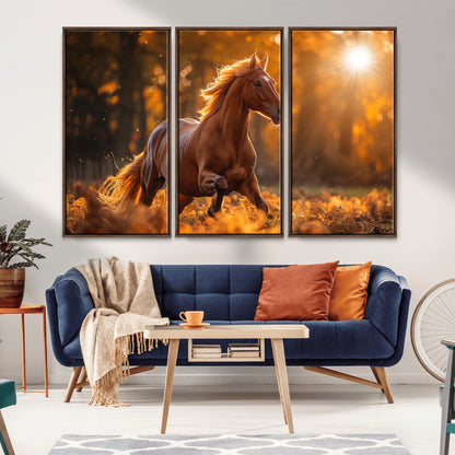 92144-MGV-FC-48X32-3P_Walnut-Sunset Horse Wall Art Canvas Print, Framed Horse Barn Art Picture Print, Majestic Horse Perfect Rustic Farmhouse Decor Artwork