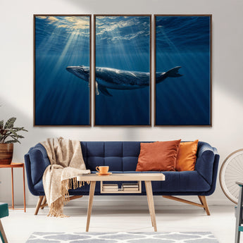 18052-MGV-FC-48X32-3P_Walnut-Whale Wall Art – Majestic Ocean Canvas Print Marine Life Underwater Sunlight Scene, Nautical Coastal Decor for Living Room,