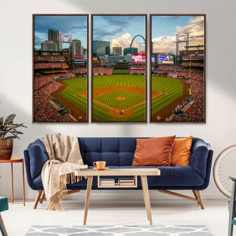 91908-MGV-FC-48X32-3P_Walnut-Baseball Stadium Wall Art – Canvas Print Game Day Field City Skyline Iconic Arch Scene Sports Photography, Decor for Game Room,