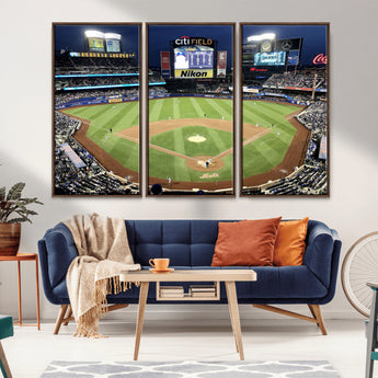 87666-MGV-FC-48X32-3P_Walnut-City Field Stadium Wall Art Canvas Print, Framed New York Stadium Art Picture Print, Citi Field Stadium Perfect Sport Room Decor
