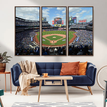 22910-MGV-FC-48X32-3P_Walnut-City Field Stadium Wall Art Canvas Print, Framed New York Stadium Art Picture Print, City Field Perfect Sport Room Decor Artwork
