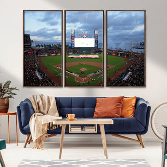 44631-MGV-FC-48X32-3P_Walnut-Oracle Park Stadium Wall Art Canvas Print, Framed San Francisco Giants Art Picture Print, Giants Stadium Field Perfect Sports Room