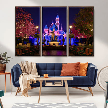 79435-MGV-FC-48X32-3P_Walnut-Disney Castle Wall Art Canvas Print, Framed Magic Kingdom Art Picture Print, Disney World Perfect Child Room Decor Artwork