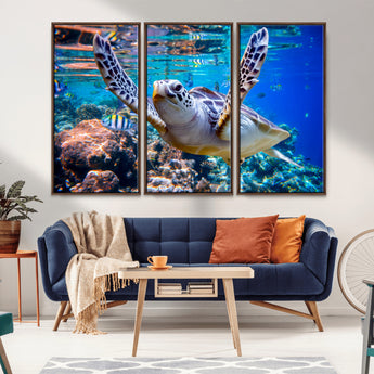 12683-MGV-CV-36X24-Sea Turtle Wall Art – Graceful Ocean Canvas Print with Coral Reef and Tropical Fish, Coastal Marine Life Decor for Beach House,