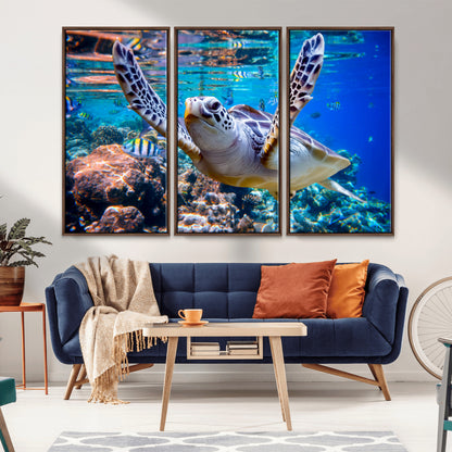 12683-MGV-CV-36X24-Sea Turtle Wall Art – Graceful Ocean Canvas Print with Coral Reef and Tropical Fish, Coastal Marine Life Decor for Beach House,