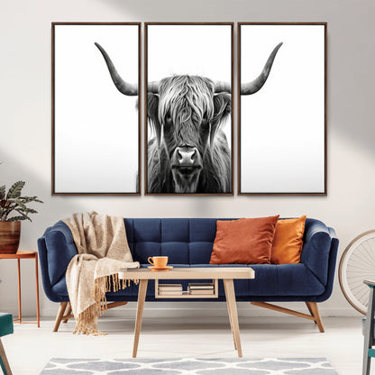 49556-MGV-CV-36X24-Highland Cow Wall Art – Black and White Scottish Highland Cattle Print, Rustic Farmhouse Minimalist Animal Portrait Canvas for
