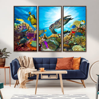 44772-MGV-CV-36X24-Underwater Sea Turtle Wall Art – Vibrant Coral Reef and Tropical Fish Canvas Print, Ocean Marine Life Decor for Living Room,