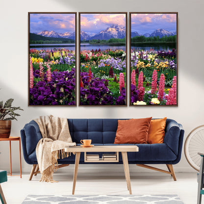 82270-MGV-CV-36X24-Colorful Wildflower Meadow Landscape Wall Art – Snow-Capped Mountain Lake Sunset Print, Vibrant Nature Artwork for Living Room,