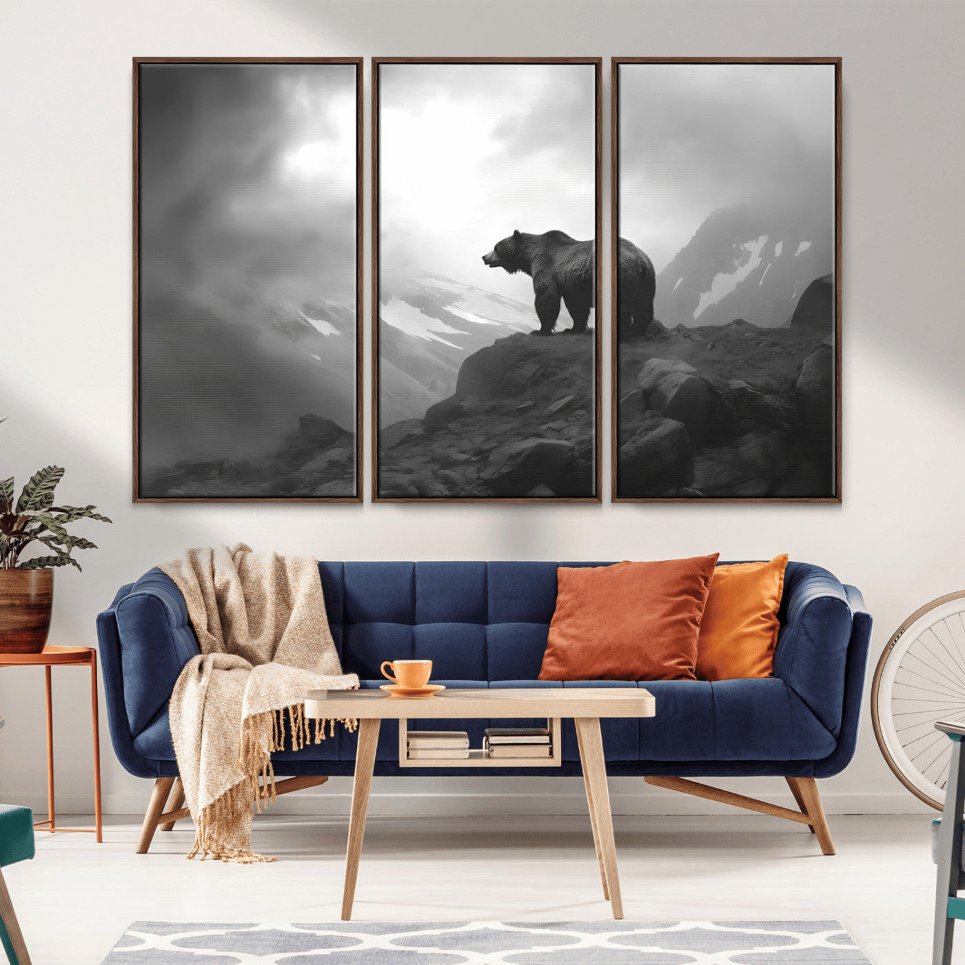 49504-MGV-CV-36X24-Black and White Grizzly Bear Wall Art – Wilderness Wildlife Painting, Rustic Mountain Cabin Decor, Monochrome Animal Print for