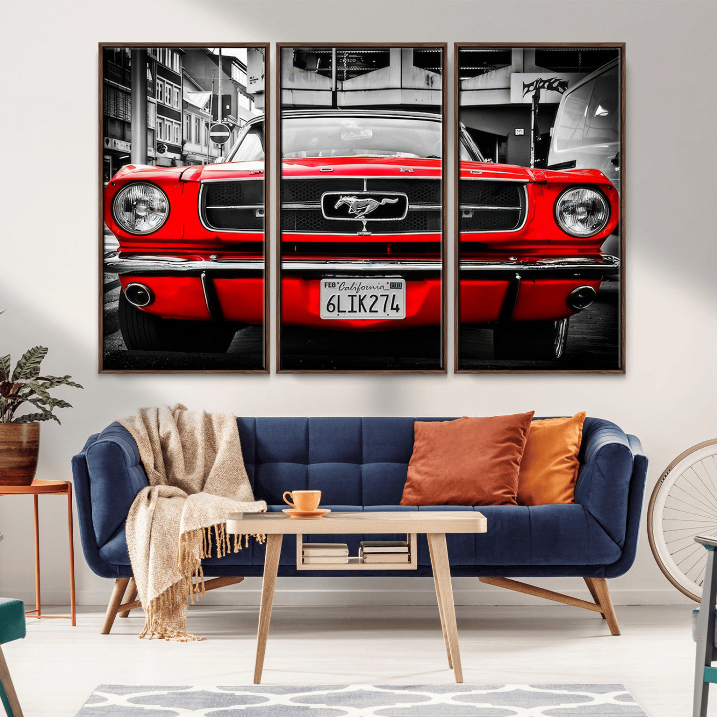 20365-MGV-CV-36X24-Red Classic Ford Mustang Wall Art – Vintage Muscle Car Print with Selective Color, Retro Automotive Decor for Garage, Man Cave,