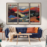 49228-MGV-FC-93X47-3P_Black-Kusama Wall Art – Vibrant Japanese Landscape Canvas Print, Modern Abstract Mountain and River Decor for Living Room, Office or Art