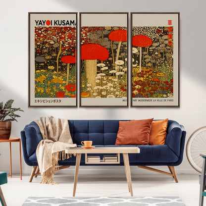38013-MGV-CV-36X24-Yayoi Kusama Inspired Mushroom Garden Wall Art – Whimsical Botanical Canvas Print, Surreal Nature Poster, Fantasy Floral Artwork