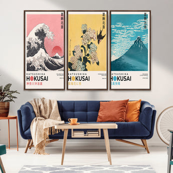 Katsushika-MGV-CV-36X24-Katsushika Hokusai Wall Art Set – The Great Wave, Hydrangea and Swallow, Fine Wind Canvas Prints, Japanese Ukiyo e Style Home and