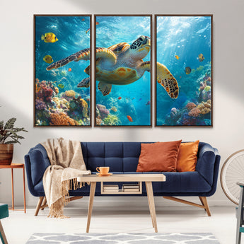 37623-MGV-CV-36X24-Sea Turtle Wall Art – Underwater Ocean Canvas Print with Coral Reef and Tropical Fish, Marine Life Painting Poster for Living