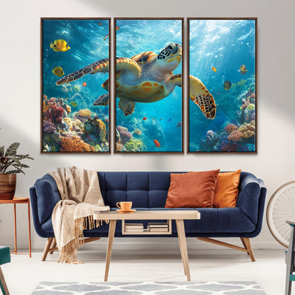 37623-MGV-CV-36X24-Sea Turtle Wall Art – Underwater Ocean Canvas Print with Coral Reef and Tropical Fish, Marine Life Painting Poster for Living