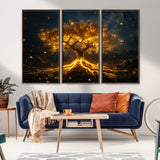 60194-MGV-CV-36X24-Glowing Tree Wall Art – Golden Roots Fantasy Canvas Print, Mystical Illuminated Tree Painting Poster for Living Room, Bedroom,