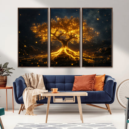 60194-MGV-CV-36X24-Glowing Tree Wall Art – Golden Roots Fantasy Canvas Print, Mystical Illuminated Tree Painting Poster for Living Room, Bedroom,