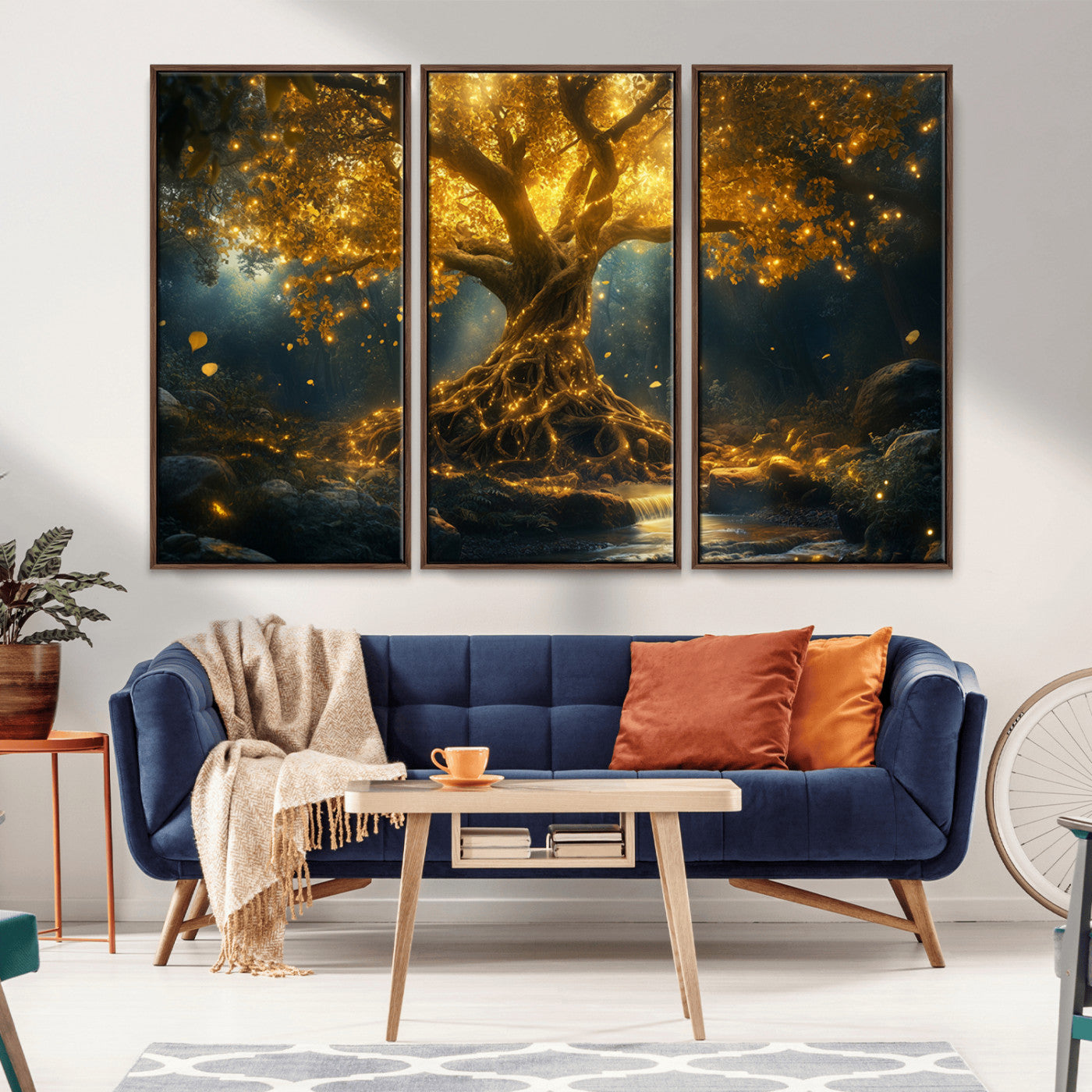 92739-MGV-CV-36X24-Glowing Tree Wall Art – Enchanted Golden Forest Canvas Print, Mystical Illuminated Nature Painting Poster for Living Room,