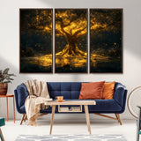 59580-MGV-CV-36X24-Glowing Tree Wall Art – Golden Fantasy Nature Canvas Print, Mystical Illuminated Tree Painting Poster for Living Room, Bedroom,
