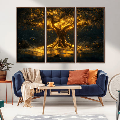 59580-MGV-CV-36X24-Glowing Tree Wall Art – Golden Fantasy Nature Canvas Print, Mystical Illuminated Tree Painting Poster for Living Room, Bedroom,