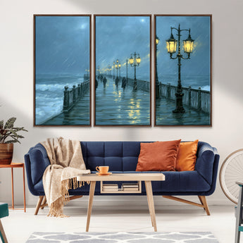 79606-MGV-CV-36X24-Rainy Pier Night Wall Art – Ocean Waves and Street Lamps Canvas Print, Moody Seascape Oil Painting Poster for Living Room,