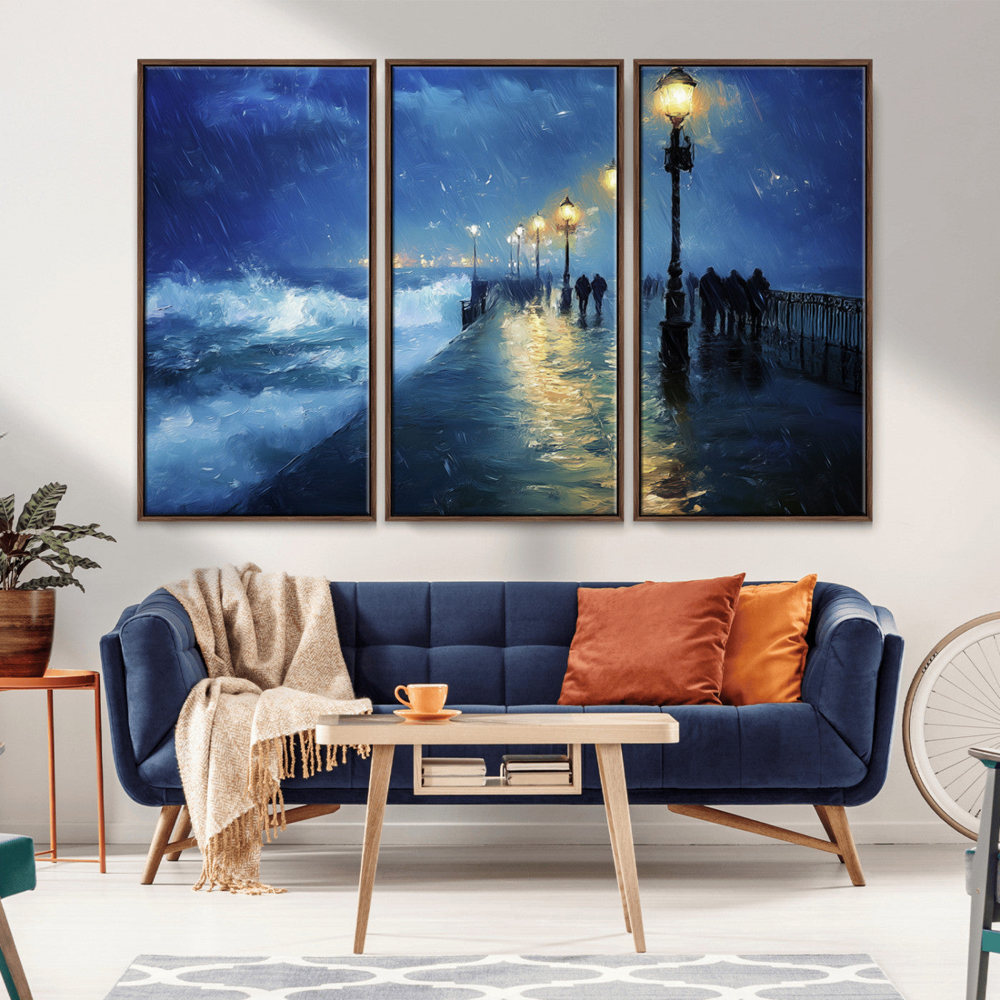 94571-MGV-CV-36X24-Seaside Night Wall Art – Ocean Waves and Street Lamps Canvas Print, Rainy City Pier Oil Painting Poster for Living Room, Bedroom,