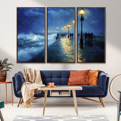 94571-MGV-CV-36X24-Seaside Night Wall Art – Ocean Waves and Street Lamps Canvas Print, Rainy City Pier Oil Painting Poster for Living Room, Bedroom,