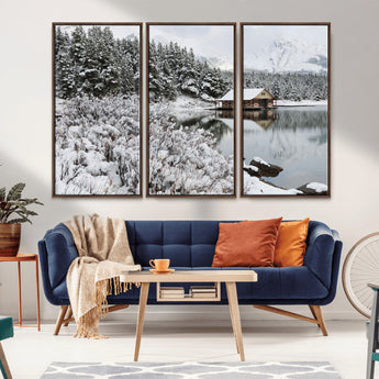 94285-MGV-FC-48X32-3P_Walnut-Snowy Cabin Wall Art Canvas Print, Framed Winter Cabin Art Picture Print, Mountain Lake Perfect Snowy Nature Decor Artwork