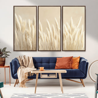 81444-MGV-FC-48X32-3P_Walnut-Pampas Grass Wall Art Canvas Print, Framed Beige Pampas Grass Art Picture Print, Minimalist Beige Perfect Minimalist Nature Decor