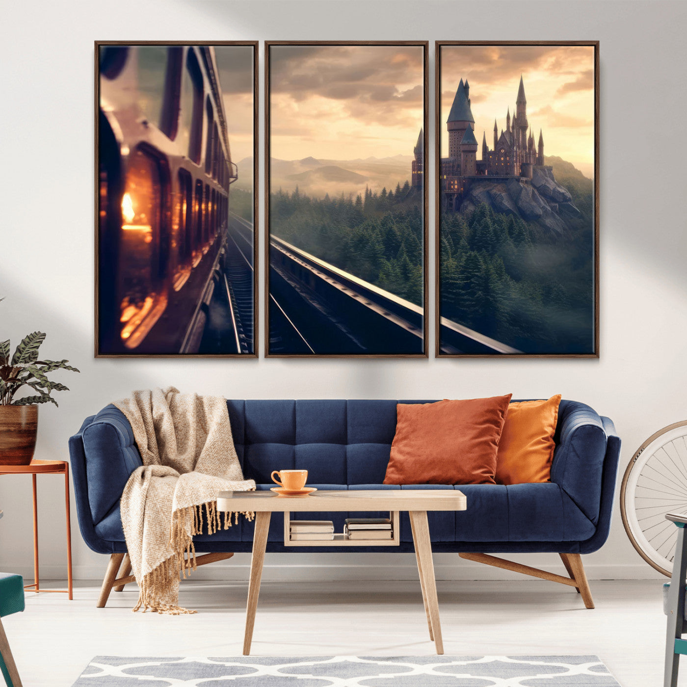 84029-MGV-FC-48X32-3P_Walnut-Fantasy Castle Wall Art – Magical Train Sunset Forest Canvas Print, Enchanted Landscape Painting Poster for Living Room, Bedroom,