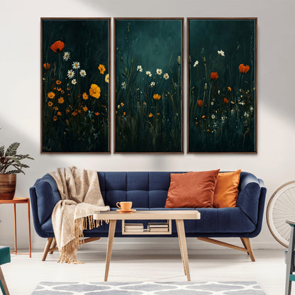 87037-MGV-FC-48X32-3P_Walnut-Wildflower Wall Art – Dark Botanical Floral Canvas Print, Modern Nature Painting Poster with Daisies Poppies Orange Flowers for