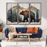 55777-MGV-FC-48X32-3P_Walnut-Rustic Bear Wall Art Canvas Print, Framed Mountain and Forest Art Picture Print, Wooden Bear Perfect Rustic Lodge Decor Artwork