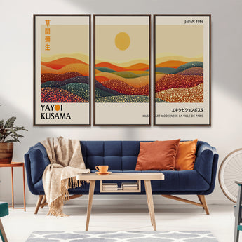 88180-MGV-FC-48X32-3P_Walnut-Yayoi Kusama Landscape Wall Art – Abstract Dotted Mountain Canvas Print, Retro Sun Poster for Modern Living Room, Office or