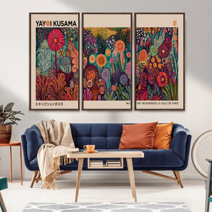 51280-MGV-FC-48X32-3P_Walnut-Abstract Yayoi Kusama Wall Art Canvas Print, Framed Japanese Wabi Sabi Art Picture Print, Yayoi Kusama Perfect Abstract Modern