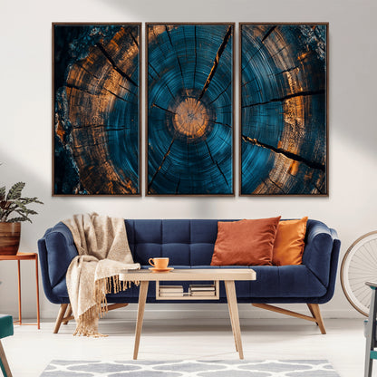 65231-MGV-CV-36X24-Blue and Gold Tree Ring Wall Art – Rustic Abstract Wood Slice Canvas Print, Modern Nature Inspired Artwork for Living Room,