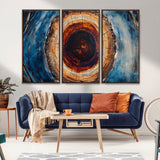 30457-MGV-CV-36X24-Tree Ring Abstract Wall Art – Blue and Brown Wood Grain Canvas Print, Modern Nature Inspired Painting for Rustic Living Room,
