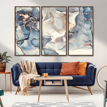 51497-MGV-CV-36X24-Abstract Blue and Gold Wall Art – Modern Fluid Ink Style Canvas Print, Elegant Contemporary Decor for Living Room, Office