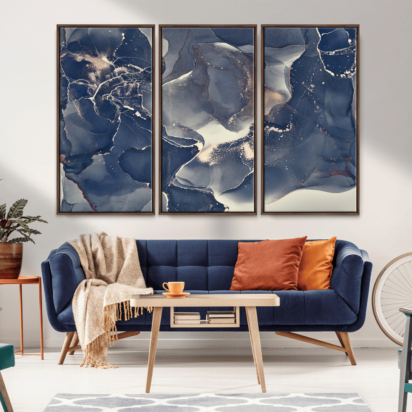 28282-MGV-CV-36X24-Blue Abstract Wall Art – Modern Ink Swirl Canvas Print, Contemporary Navy and Gold Painting for Living Room, Bedroom, Office or