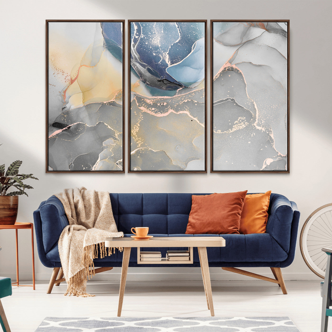 18176-MGV-CV-36X24-Abstract Fluid Wall Art – Modern Marble Ink Canvas Print with Blue, Gold, and Gray Tones, Contemporary Minimal Artwork Decor for